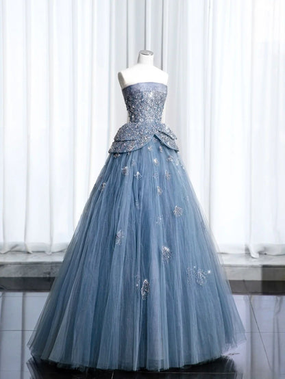 Unique A Line Strapless Satin Tulle Sequin Without Sleeves Long Prom Dress,Evening Dress GG5355