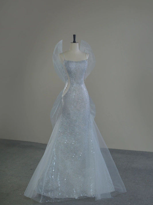 Shiny Mermaid Spaghetti Straps Tulle Sequin Without Sleeves Long Prom Dress,Evening Dress GG5357