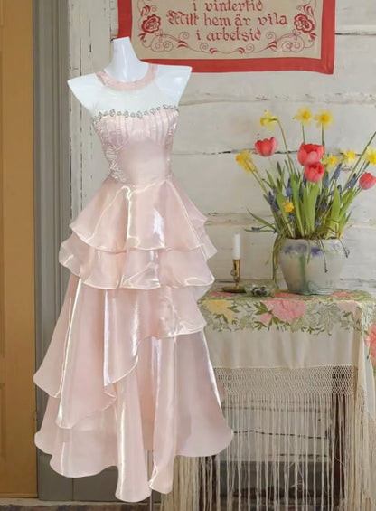 Fairy A Line Halter Tiered Satin Without Sleeves Long Prom Dress,Evening Dress GG5359