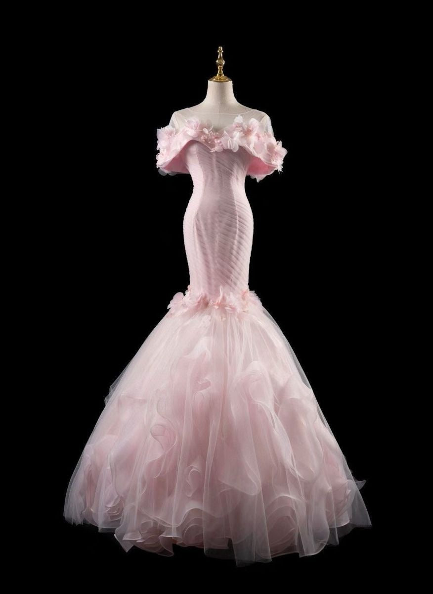 Pretty Pink Mermaid Off The Shoulder Tulle Without Sleeves Long Prom Dress,Evening Dress GG5360