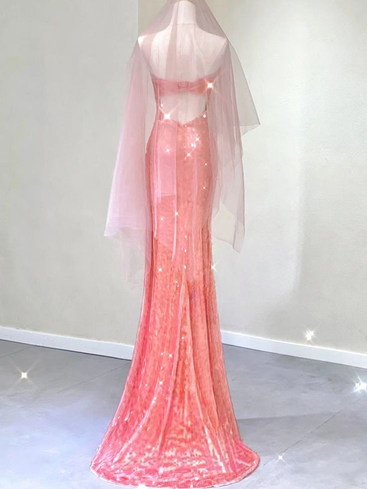Pretty Mermaid Strapless Peach Tulle Sequin Without Sleeves Long Prom Dress,Evening Dress GG5362