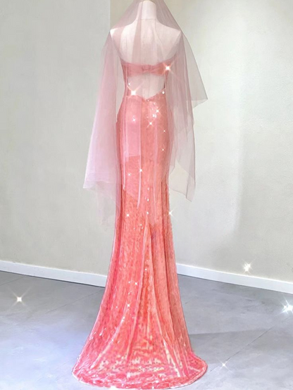 Pretty Mermaid Strapless Peach Tulle Sequin Without Sleeves Long Prom Dress,Evening Dress GG5362