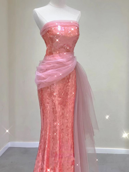 Pretty Mermaid Strapless Peach Tulle Sequin Without Sleeves Long Prom Dress,Evening Dress GG5362