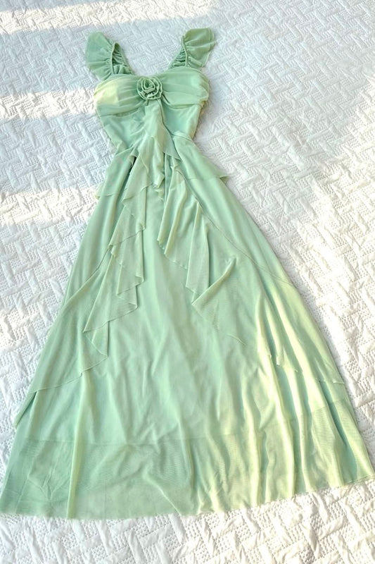 Elegant A Line Ruffle Spaghetti Straps Sage Chiffon Without Sleeves Long Prom Dress,Evening Dress GG5363