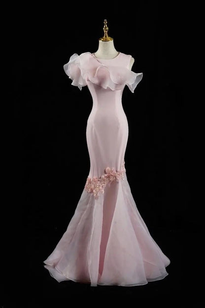 Formal Pink Mermaid Satin Ruffle Tulle Applique Without Sleeves Long Prom Dress,Evening Dress GG5364