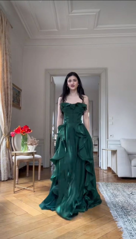Dark Green A Line Strapless Satin Ruffle Chiffon Without Sleeves Long Prom Dress,Evening Dress GG5366