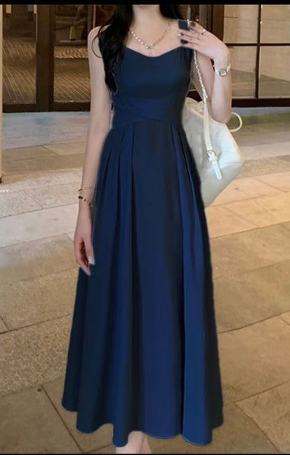 Simple Navy Blue A Line Satin Without Sleeves Long Prom Dress,Evening Dress GG5369