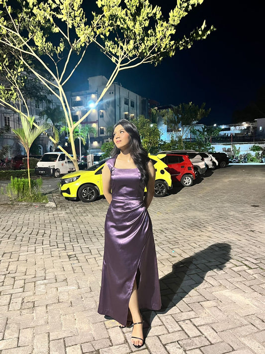 Dusty Purple A Line Pleated Satin Slit Without Sleeves Long Prom Dress,Evening Dress GG5370