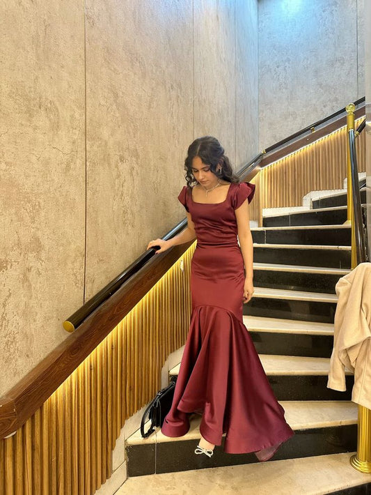 Elegant Mermaid Rust Red Square Satin Without Sleeves Long Prom Dress,Evening Dress GG5371