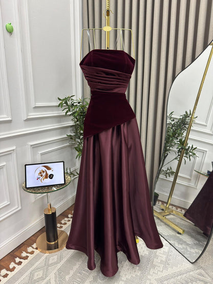 Chic A Line Strapless Velvet Satin Without Sleeves Long Prom Dress,Evening Dress GG5372