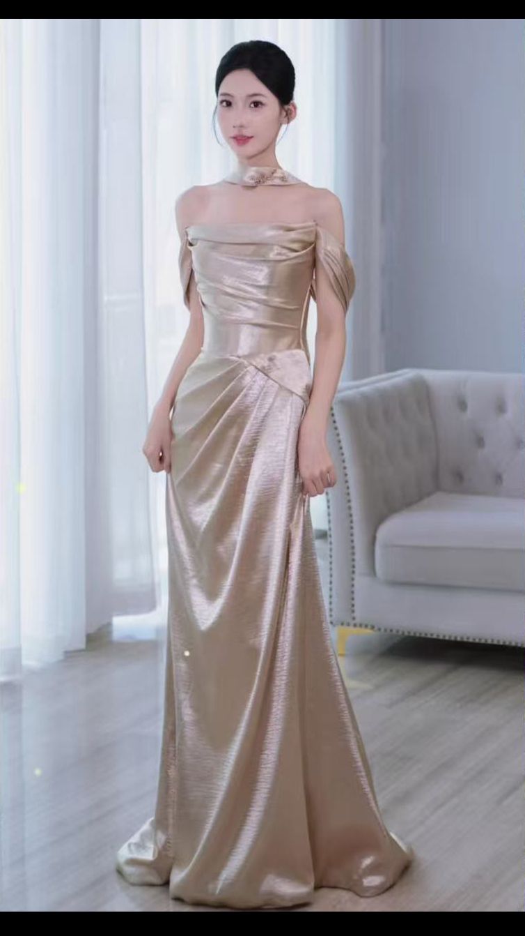 Champagne Mermaid Off The Shoulder Pleated Satin Without Sleeves Long Prom Dress,Evening Dress GG5374