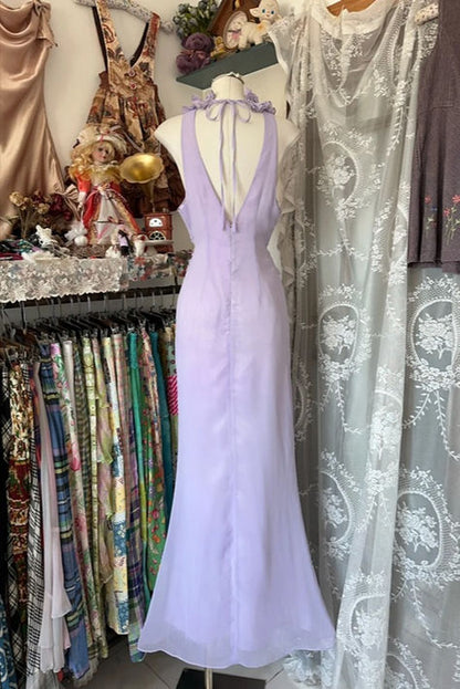 Pretty Lilac Mermaid Halter Satin Chiffon Without Sleeves Long Prom Dress,Evening Dress GG5375