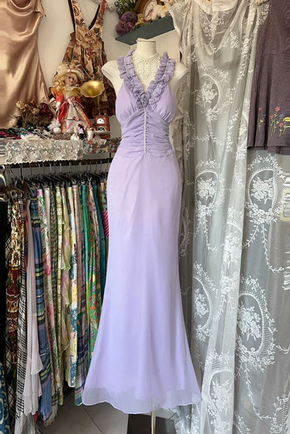 Pretty Lilac Mermaid Halter Satin Chiffon Without Sleeves Long Prom Dress,Evening Dress GG5375