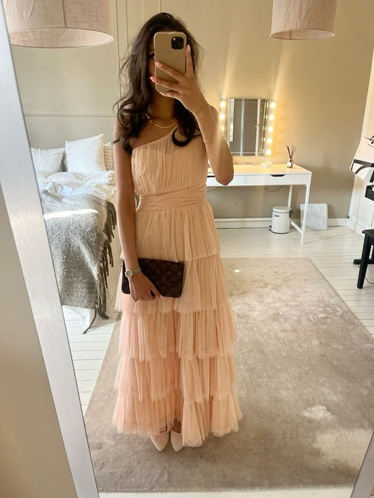 Classy A Line One Shoulder Tiered Tulle Without Sleeves Long Prom Dress,Evening Dress GG5384