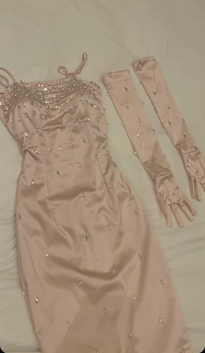 Princess Mermaid Spaghetti Straps Satin Beaded With Long Gloves Without Sleeves Long Prom Dress,Evening Dress GG5393