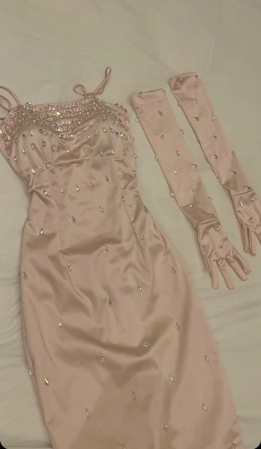 Princess Mermaid Spaghetti Straps Satin Beaded With Long Gloves Without Sleeves Long Prom Dress,Evening Dress GG5393