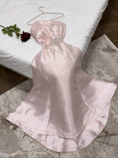 Pink A Line Strapless Satin Sequin Without Sleeves Long Prom Dress,Evening Dress GG5394