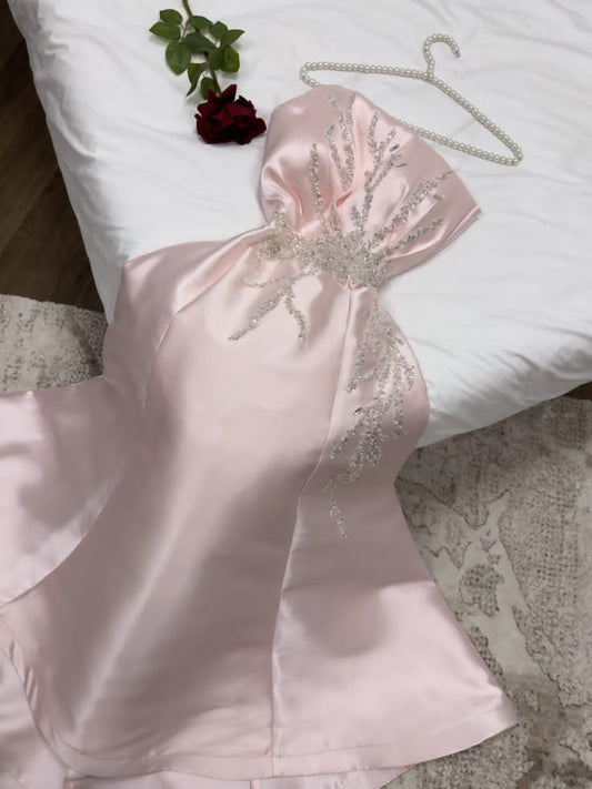 Pink A Line Strapless Satin Sequin Without Sleeves Long Prom Dress,Evening Dress GG5394