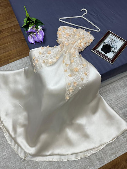 Pincess A Line Strapless Satin Applique Without Sleeves Long Prom Dress,Evening Dress GG5395