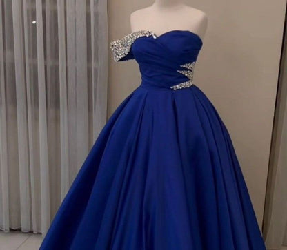 Chic Blue A Line One Shoulder Satin Beaded Without Sleeves Long Prom Dress,Evening Dress GG5396