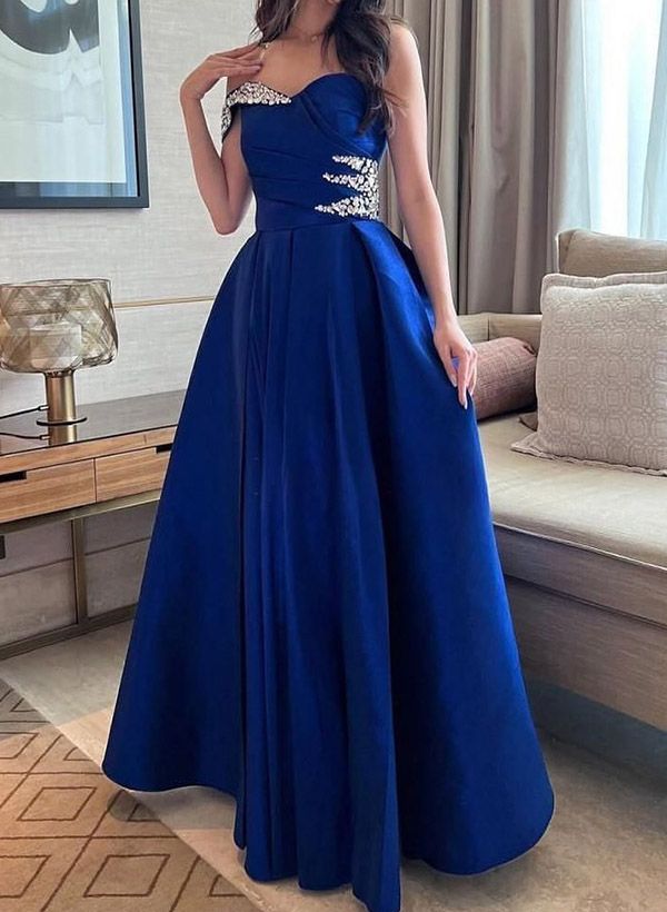 Chic Blue A Line One Shoulder Satin Beaded Without Sleeves Long Prom Dress,Evening Dress GG5396