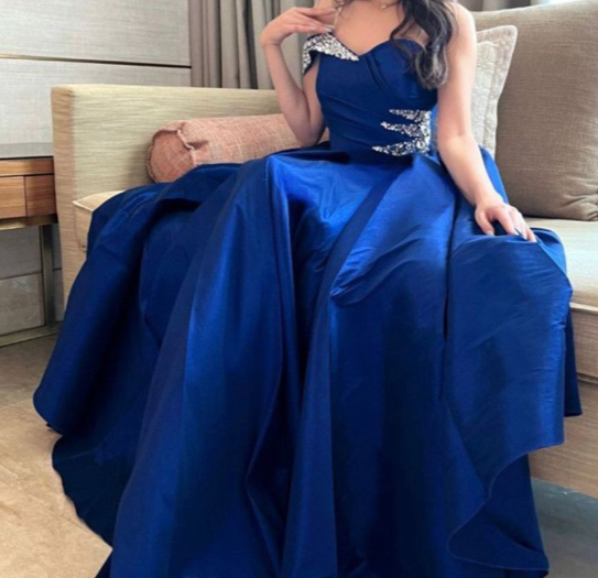 Chic Blue A Line One Shoulder Satin Beaded Without Sleeves Long Prom Dress,Evening Dress GG5396