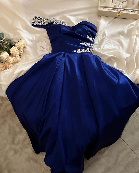 Chic Blue A Line One Shoulder Satin Beaded Without Sleeves Long Prom Dress,Evening Dress GG5396