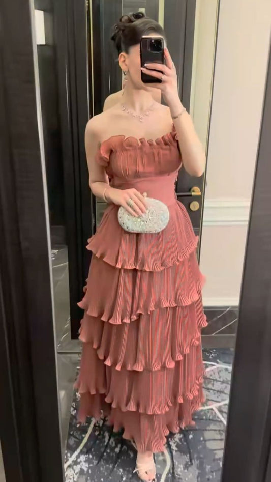 Dusty Pink A Line Strapless Tiered Chiffon Without Sleeves Long Prom Dress,Evening Dress GG5397