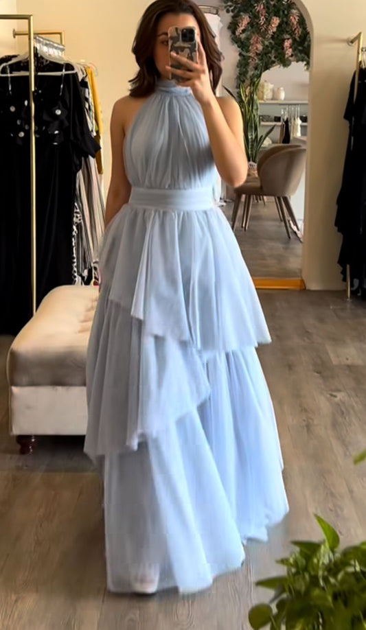 Pale Blue A Line Halter Tiered Chiffon Without Sleeves Long Prom Dress,Evening Dress GG5398