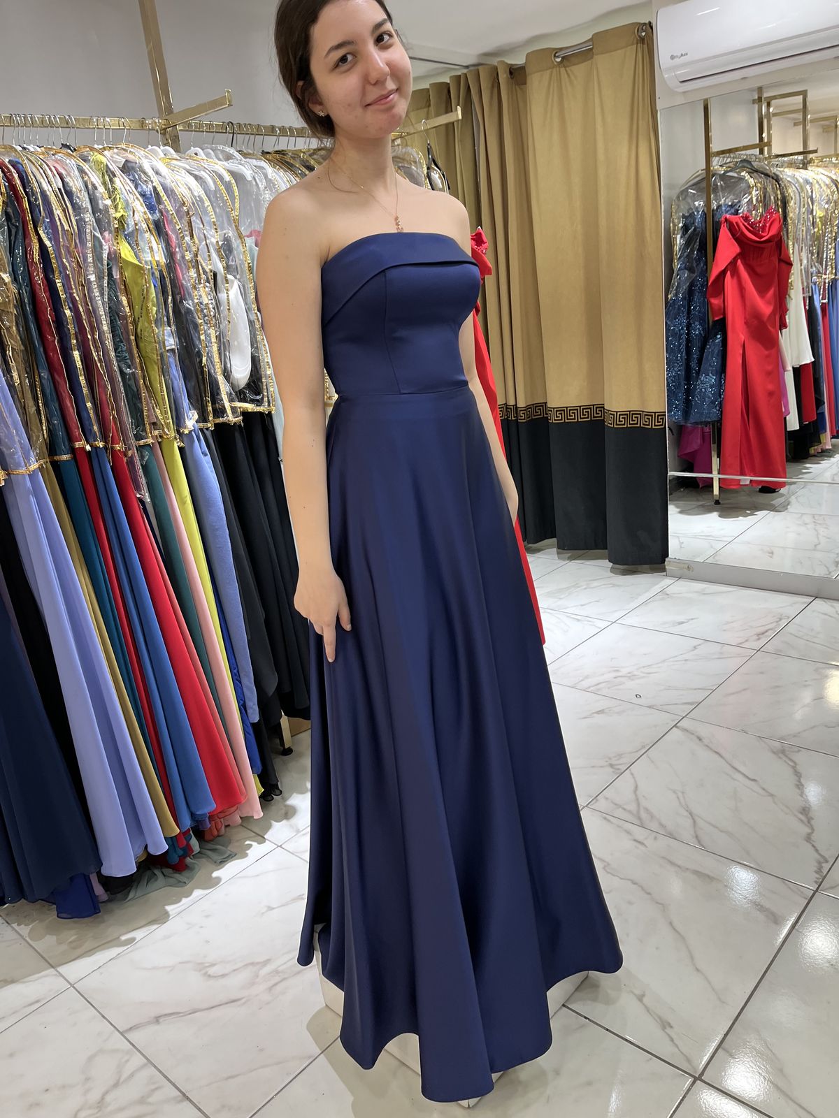 Elegant Navy A Line Strapless Satin Without Sleeves Long Prom Dress,Evening Dress GG5399