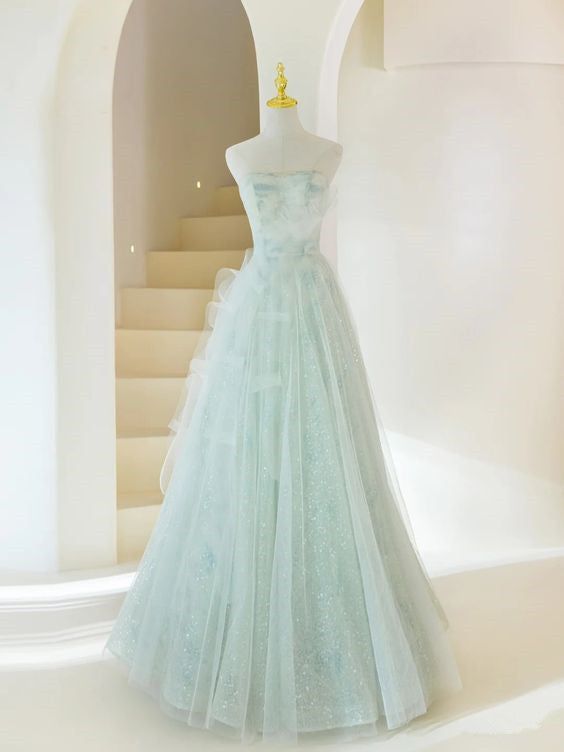 Fairy A Line Strapless Mint Green Tulle Sequin Long Prom Dress,Evening Dress GG540