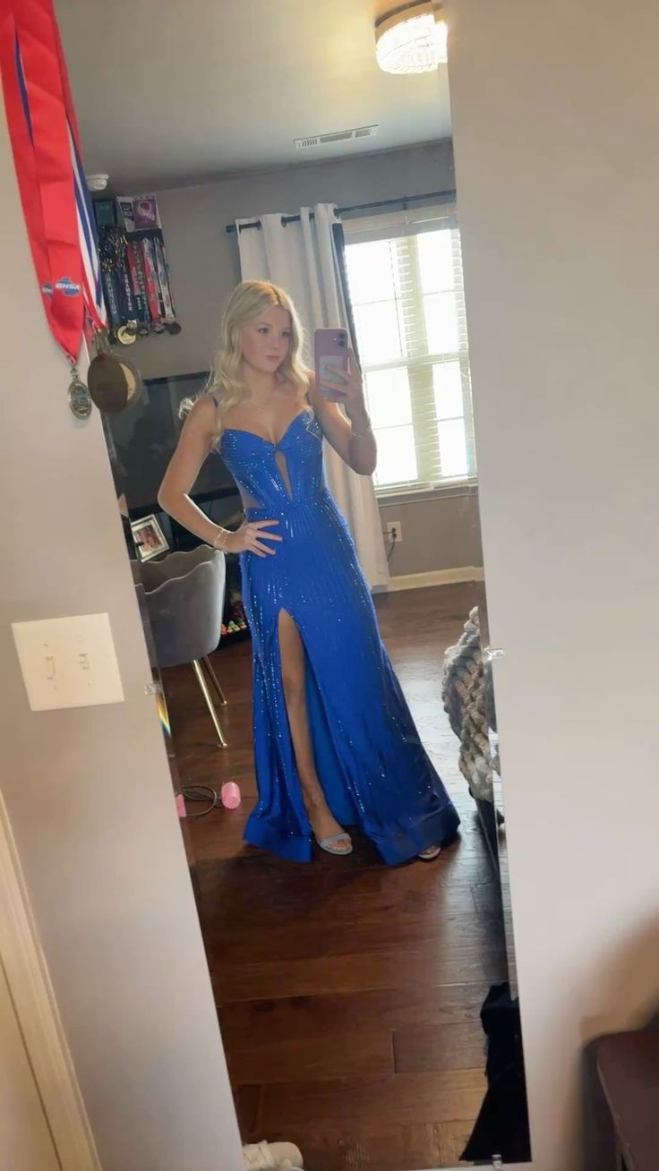 Formal Mermaid Spaghetti Straps Blue Satin Sequin Slit Without Sleeves Long Prom Dress,Evening Dress GG5404