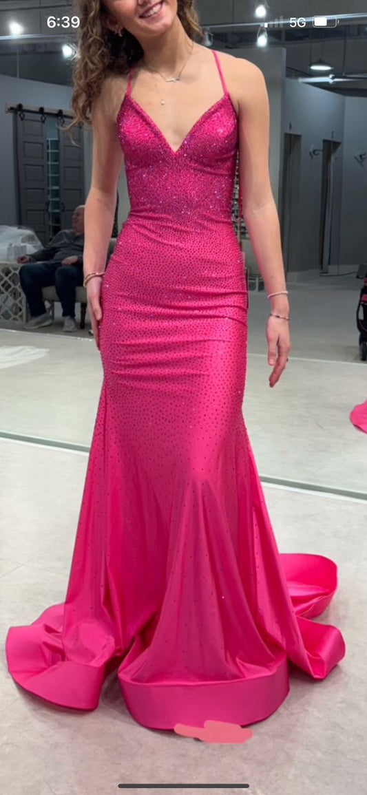 Hot Pink Mermaid Halter Satin Beaded Without Sleeves Long Prom Dress,Evening Dress GG5405