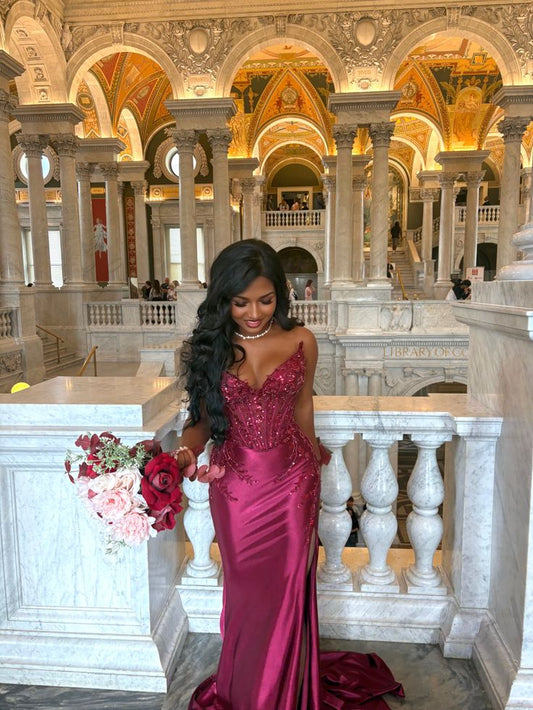 Chic Mermaid Strapless Satin Sequin Slit Without Sleeves Long Prom Dress,Evening Dress GG5406