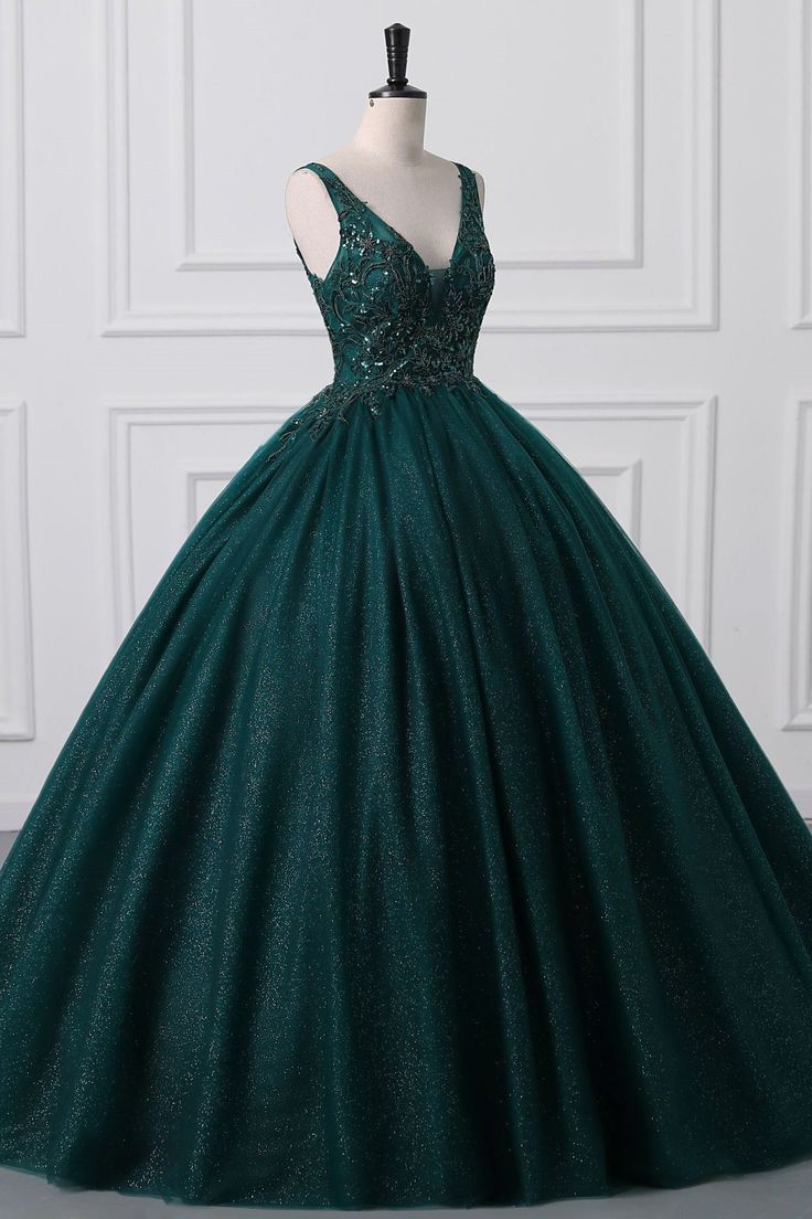 Ball Gown V Neck Tulle Sequin Lace Without Sleeves Long Prom Dress,Evening Dress GG5407