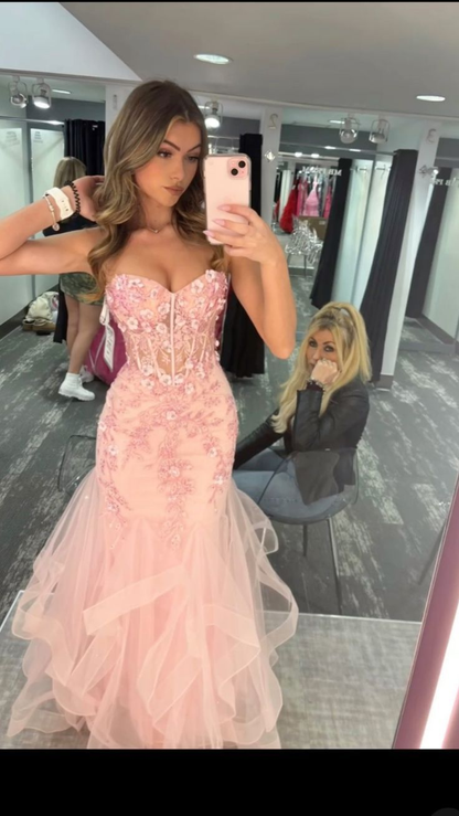 Pretty Mermaid Pink Sweetheart Tulle Applique Without Sleeves Long Prom Dress,Evening Dress GG5409