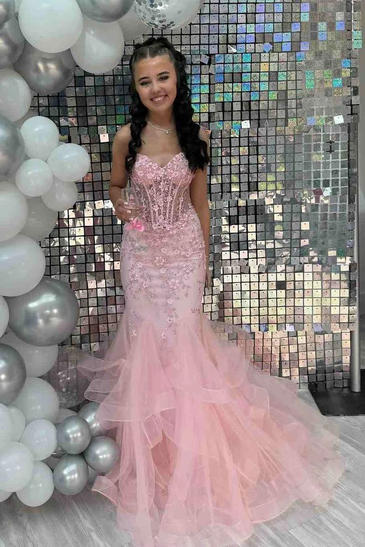 Pretty Mermaid Pink Sweetheart Tulle Applique Without Sleeves Long Prom Dress,Evening Dress GG5409