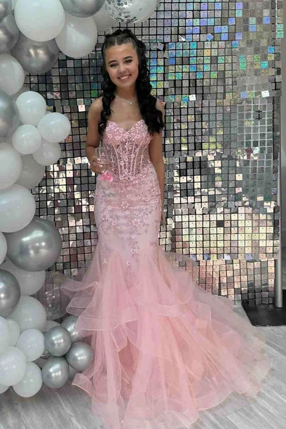 Pretty Mermaid Pink Sweetheart Tulle Applique Without Sleeves Long Prom Dress,Evening Dress GG5409