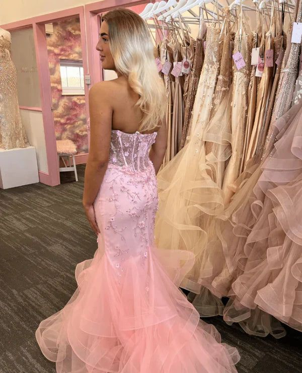 Pretty Mermaid Pink Sweetheart Tulle Applique Without Sleeves Long Prom Dress,Evening Dress GG5409
