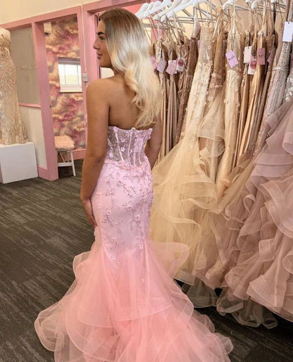 Pretty Mermaid Pink Sweetheart Tulle Applique Without Sleeves Long Prom Dress,Evening Dress GG5409