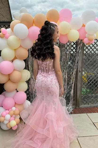 Pretty Mermaid Pink Sweetheart Tulle Applique Without Sleeves Long Prom Dress,Evening Dress GG5409