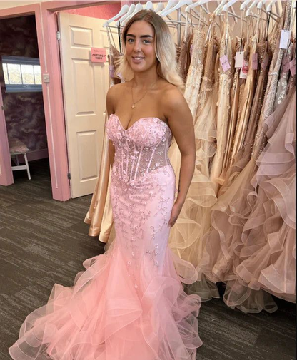 Pretty Mermaid Pink Sweetheart Tulle Applique Without Sleeves Long Prom Dress,Evening Dress GG5409