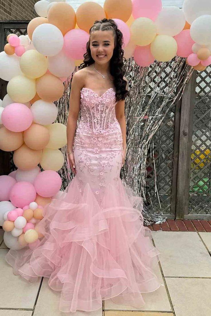 Pretty Mermaid Pink Sweetheart Tulle Applique Without Sleeves Long Prom Dress,Evening Dress GG5409