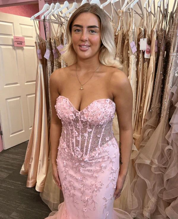 Pretty Mermaid Pink Sweetheart Tulle Applique Without Sleeves Long Prom Dress,Evening Dress GG5409