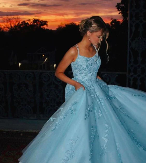 Sweet Ball Gown Spaghetti Straps Tulle Applique Without Sleeves Long Prom Dress,Evening Dress GG5410
