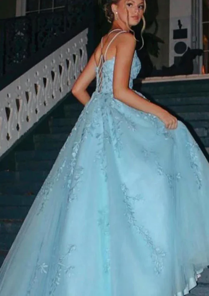 Sweet Ball Gown Spaghetti Straps Tulle Applique Without Sleeves Long Prom Dress,Evening Dress GG5410