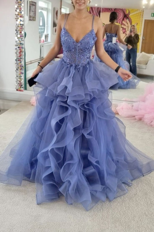 Pretty Ball Gown Spaghetti Straps Tulle Sequin Beaded Without Sleeves Long Prom Dress,Evening Dress GG5416