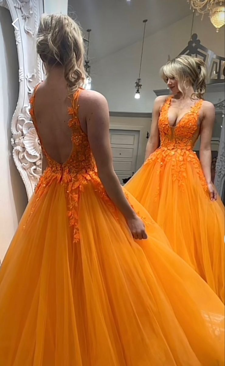 Charming Orange Ball Gown Tulle Applique Without Sleeves Long Prom Dress,Evening Dress GG5417