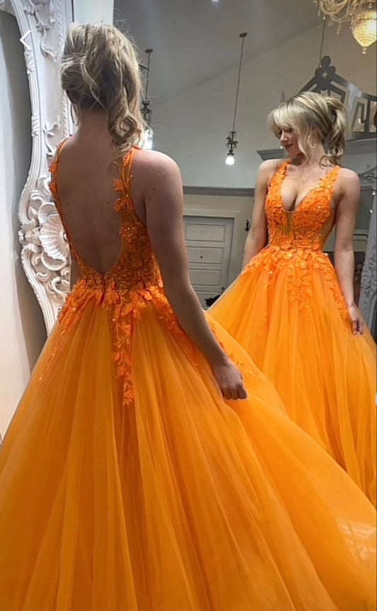 Charming Orange Ball Gown Tulle Applique Without Sleeves Long Prom Dress,Evening Dress GG5417