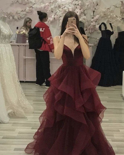 Rust Red Ball Gown Spaghetti Straps Satin Tulle Without Sleeves Long Prom Dress,Evening Dress GG5420